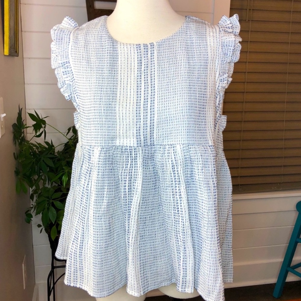 THML Light Blue & White Ruffled Sleeve Peplum Blouse